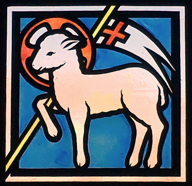 stained glass image of the Lamb of God