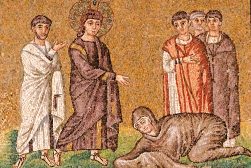 The Woman Touching the Hem of Jesus' Garment, mosaic (pictured above) in Ravenna, Italy (from the Basilica of Sant'Apollinare Nuovo, 6th C).